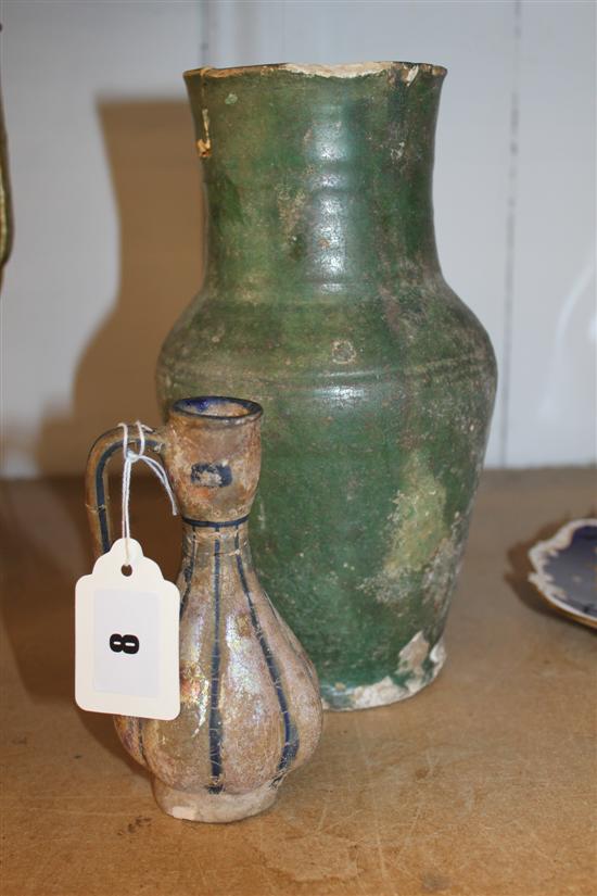 Roman? small ewer & a green glaze pottery vase(-)
